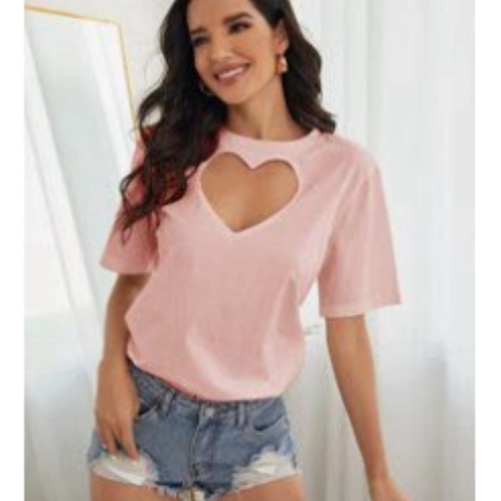 SHEIN Pink Cut Out Heart Shirt